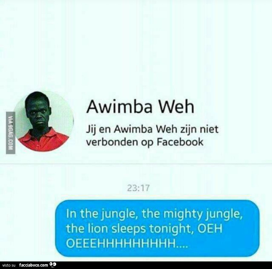 Awimba Weh in the jungle, the mighty jungle, the lion sleeps tonight, oeh oeeehhhhhhhhh