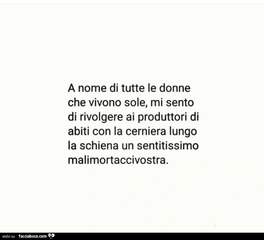 A nome di tutte le donne che vivono sole, mi sento di rivolgere ai produttori di abiti con la cerniera lungo la schiena un sentitissimo malimortaccivostra