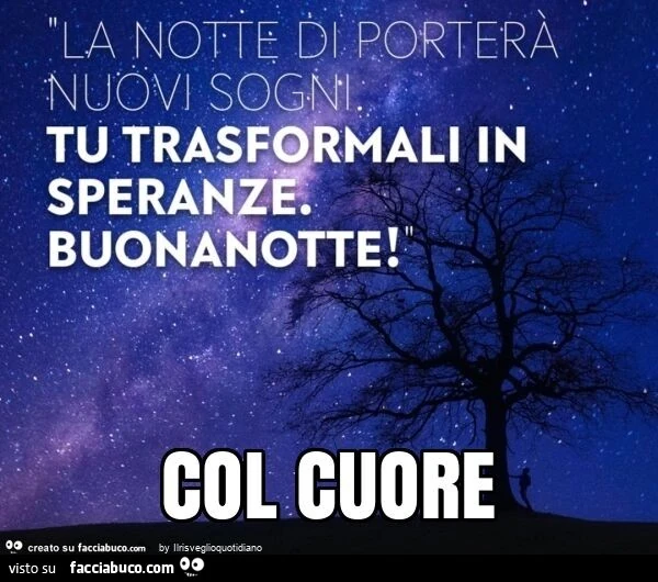 La notte ti porterà nuovi sogni. Tu trasformali in speranze, buonanotte! Col cuore