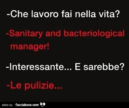 Che lavoro fai nella vita? Sanitary and bacteriological manager! Interessante&hellip; e sarebbe? Le pulizie