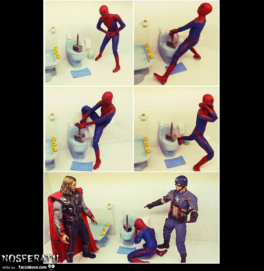 Cosa ci fanno Spider-Man · Thor · Capitan America in bagno?