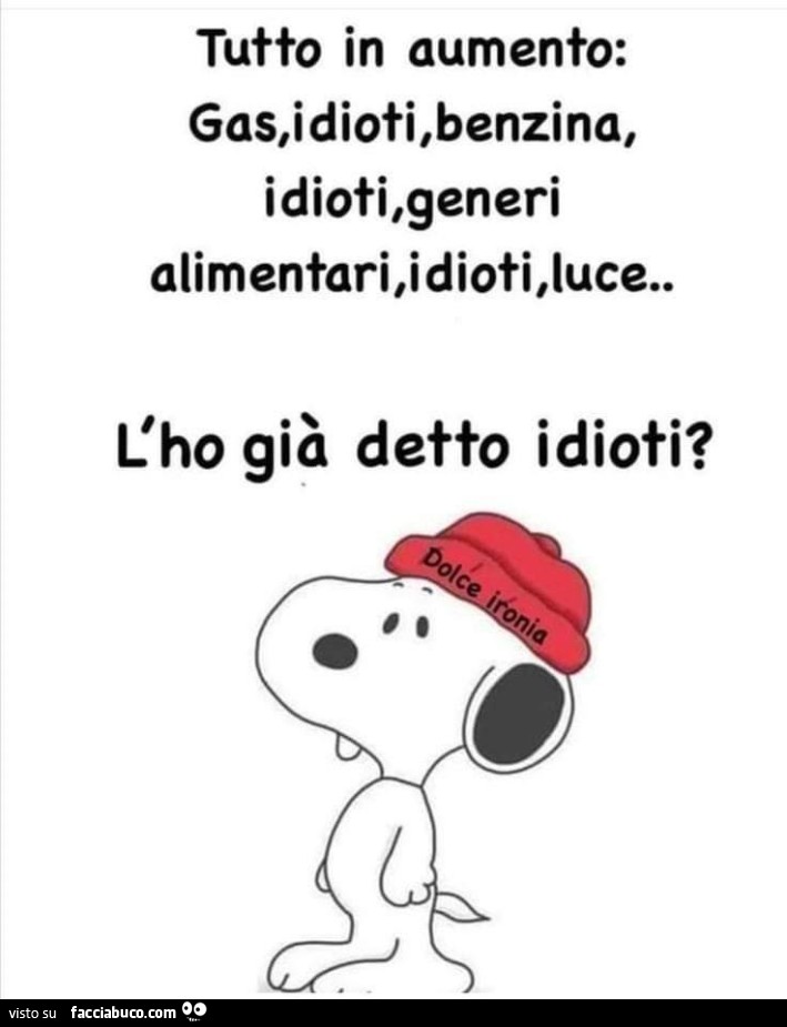 Tutto in aumento: gas, idioti, benzina, idioti, generi alimentari, idioti, luce. L'ho già detto idioti?