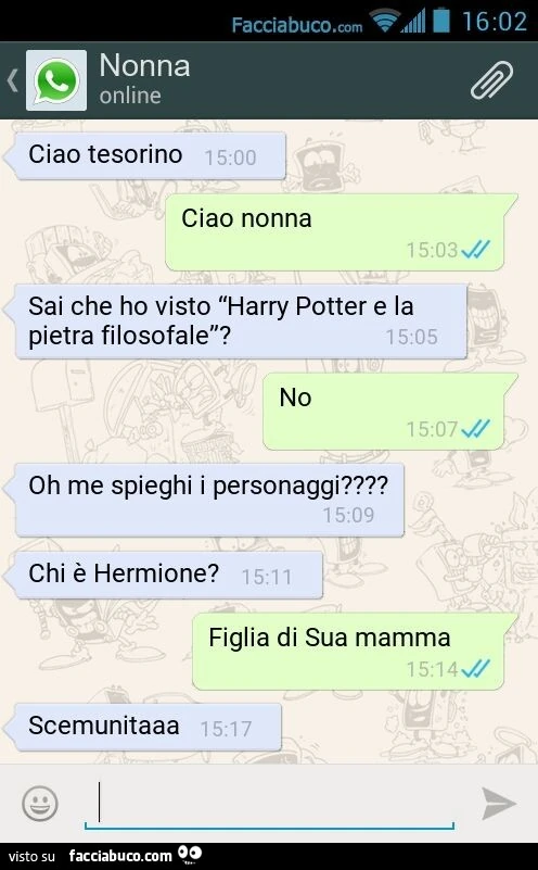 Ciao tesorino. Ciao nonna. Sai che ho visto โHarry Potter e la pietra filosofaleโ? No. Oh me spieghi i personaggi? Chi รจ Hermione? Figlia di Sua mamma. Scemunitaaa