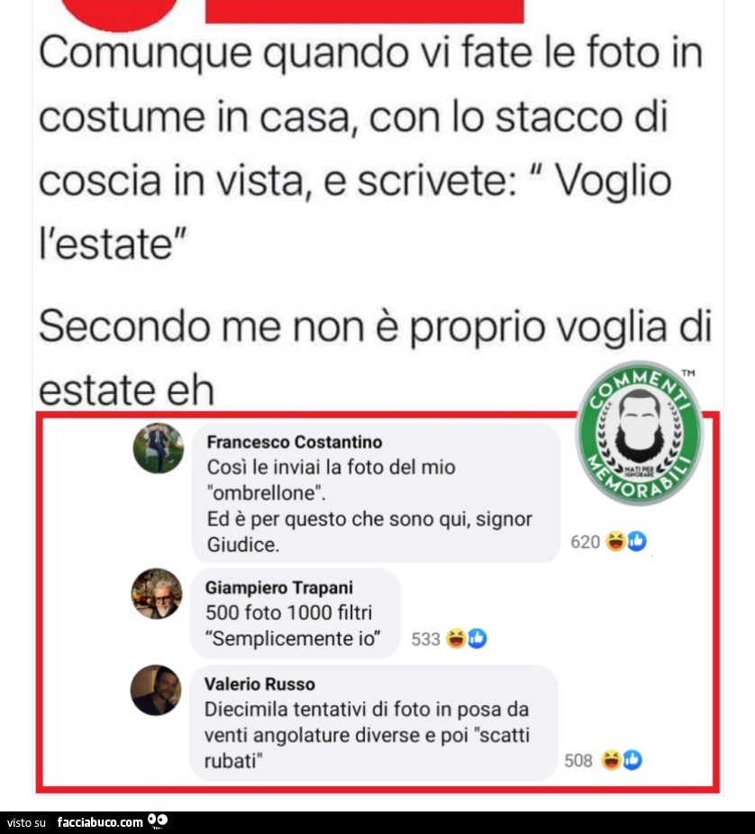 Comunque quando vi fate le foto in costume in casa, con lo stacco di coscia in vista, e scrivete: voglio l'estate secondo me non è proprio voglia di estate eh. Così le inviai la foto del mio ombrellone