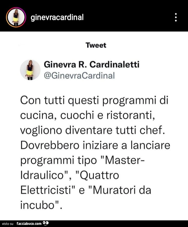 Con tutti questi programmi di cucina, cuochi e ristoranti, vogliono diventare tutti chef. Dovrebbero iniziare a lanciare programmi tipo master idraulico, quattro elettricisti e muratori da incubo
