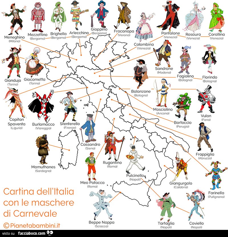 Cartina dell'italia con le maschere di carnevale