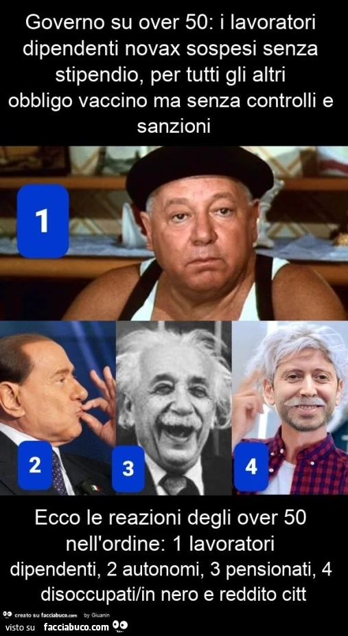 Governo su over 50: i lavoratori dipendenti novax sospesi senza stipendio, per tutti gli altri obbligo vaccino ma senza controlli e sanzioni ecco le reazioni degli over 50 nell'ordine: 1 lavoratori dipendenti, 2 autonomi, 3 pensionati, 4 disoccupati/