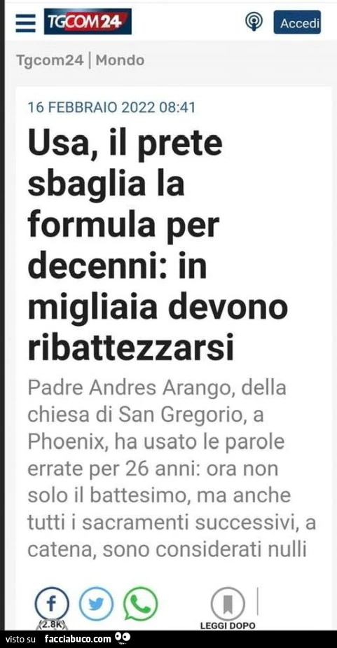 Usa, il prete sbaglia la formula per decenni: in accedi migliaia devono ribattezzarsi