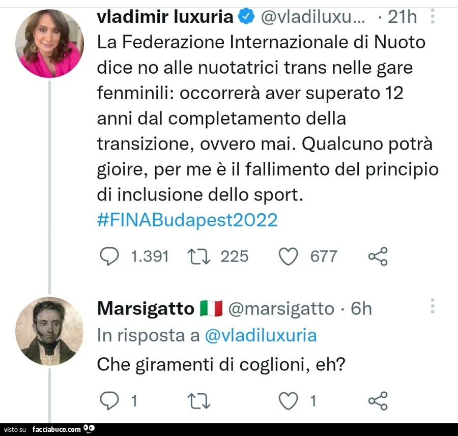Vladimir Luxuria: la federazione internazionale di nuoto dice no alle nuotatrici trans nelle gare fenminili. Che giramenti di coglioni, eh?