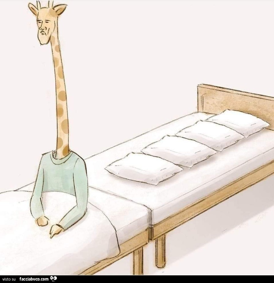Giraffa con molti cuscini sul letto