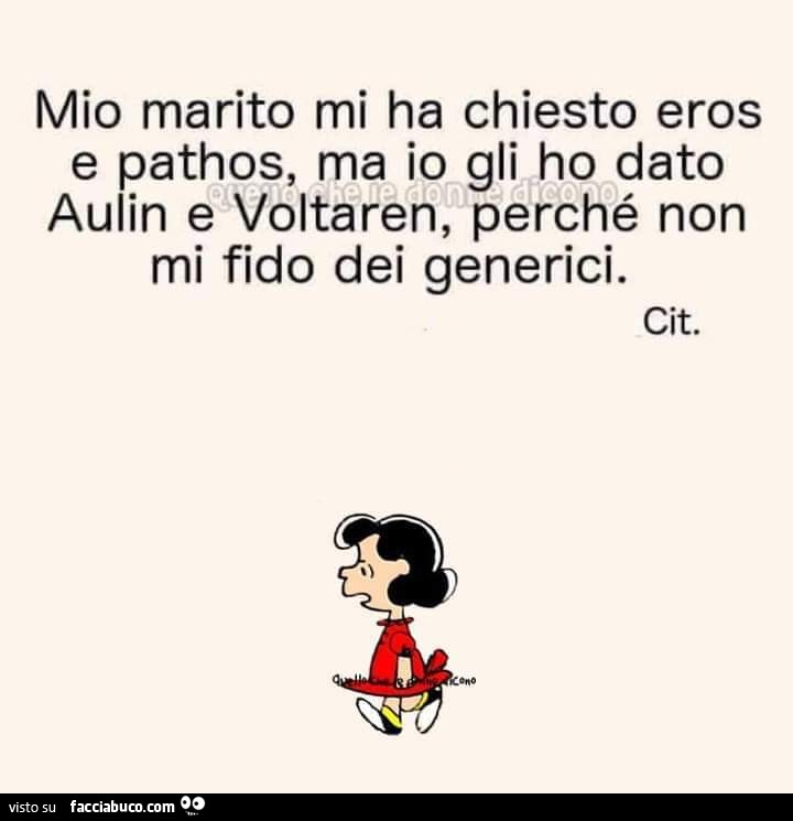 Mio marito mi ha chiesto eros e pathos, ma io gli ho dato aulin e voltaren, perché non mi fido dei generici