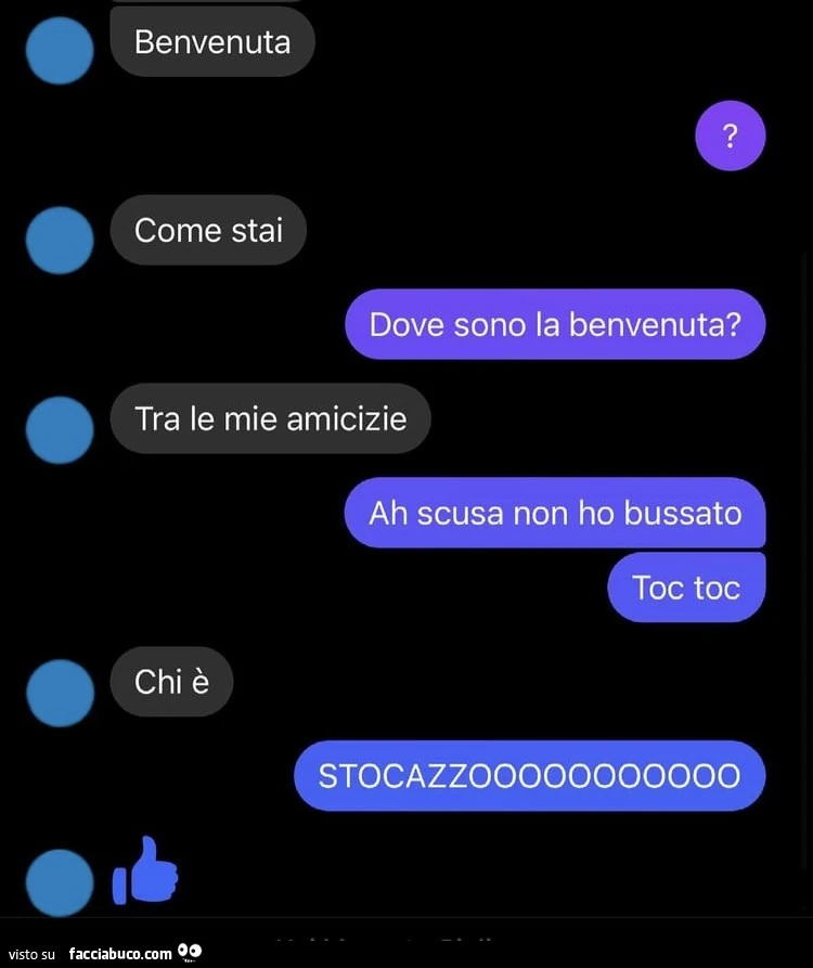 Benvenuta come stai. dove sono la benvenuta? tra le mie amicizie. ah scusa non ho bussato toc toc. chi è stocazzooooooooooo