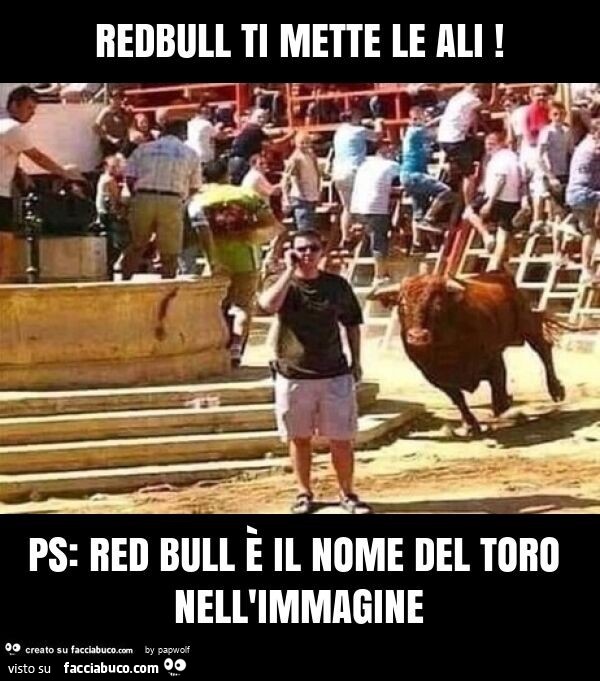 Redbull ti mette le ali! Ps: red bull è il nome del toro nell'immagine