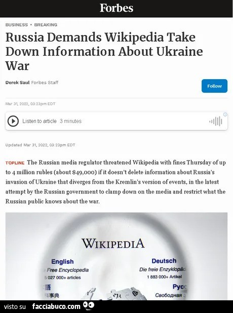 Russia Wikipedia fine about war in Ukraine