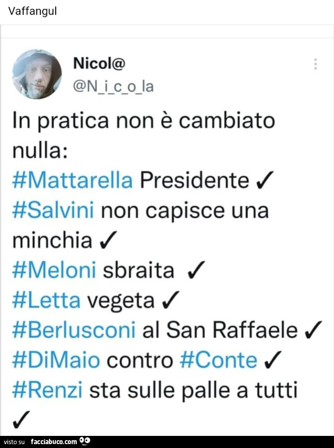 In pratica non è cambiato nulla: mattarella presidente, salvini non capisce una minchia, meloni sbraita, letta vegeta, berlusconi al san raffaele