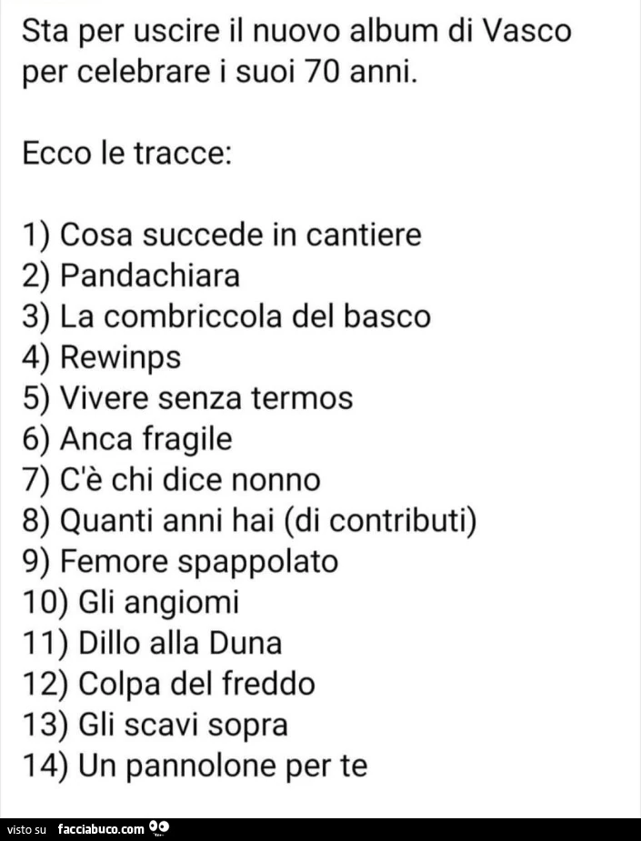 Sta per uscire il nuovo album di vasco per celebrare i suoi 70 anni. Ecco le tracce
