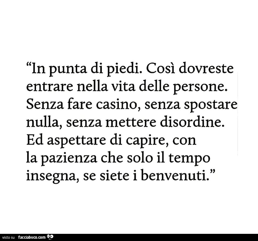 In punta di piedi. così dovreste entrare nella vita delle persone. senza fare casino, senza spostare nulla, senza mettere disordine. ed aspettare di capire, con la pazienza che solo il tempo insegna, se siete i benvenuti