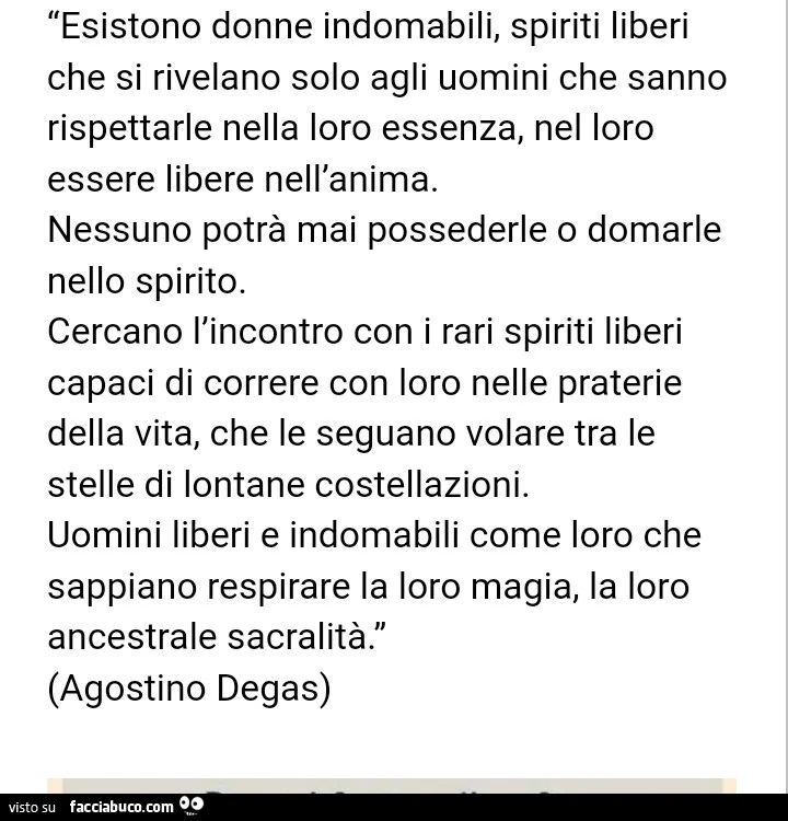 Esistono donne indomabili, spiriti liberi che si rivelano solo agli uomini che sanno rispettarle nella loro essenza, nel loro essere libere nell'anima. Nessuno potrà mai possederle o domarle nello spirito