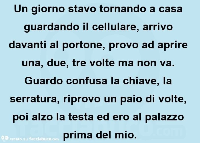 Un giorno stavo tornando a casa guardando il cellulare, arrivo davanti al portone, provo ad aprire una, due, tre volte ma non va. Guardo confusa la chiave, la serratura, riprovo un paio di volte, poi alzo la testa ed ero al palazzo prima del mio