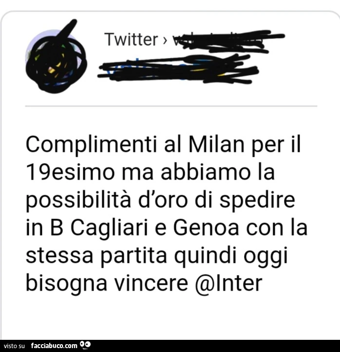 Complimenti al milan per il 19esimo ma abbiamo la possibilità d'oro di spedire in b cagliari e genoa con la stessa partita quindi oggi bisogna vincere