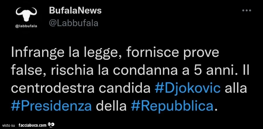 Infrange la legge, fornisce prove false, rischia la condanna a 5 anni. Il centrodestra candida djokovic alla presidenza della repubblica