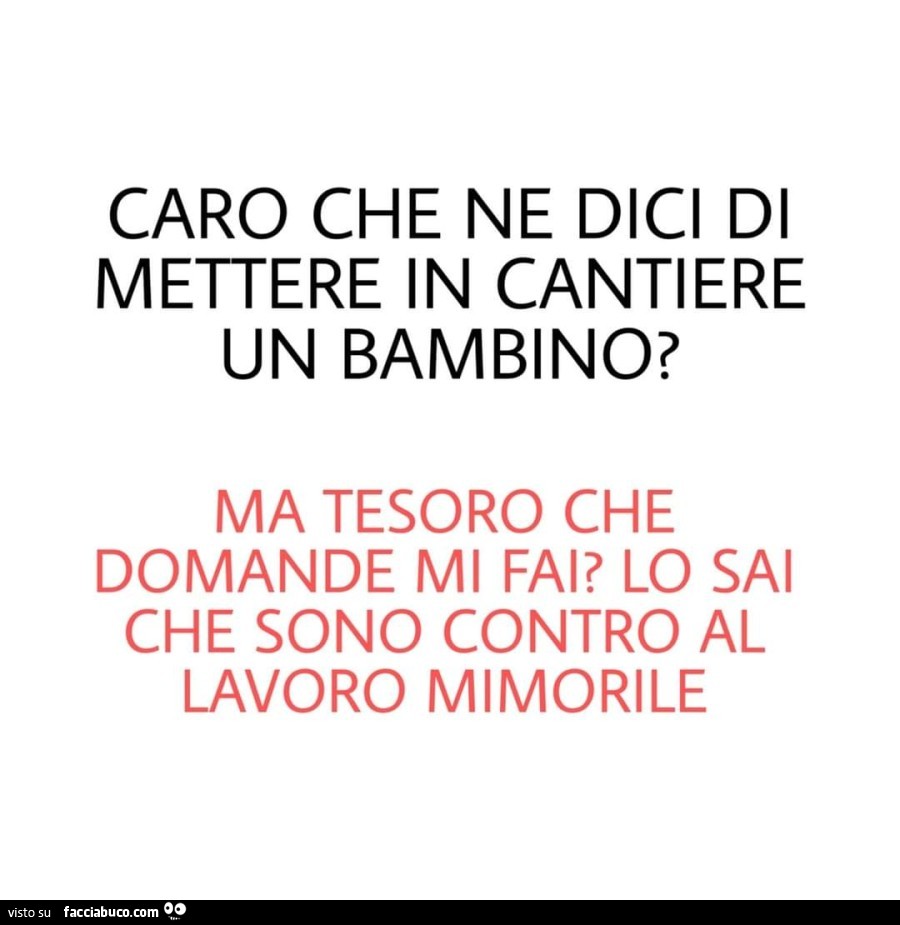 Caro che ne dici di mettere in cantiere un bambino? Ma tesoro che domande mi fai? Lo sai che sono contro al lavoro mimorile