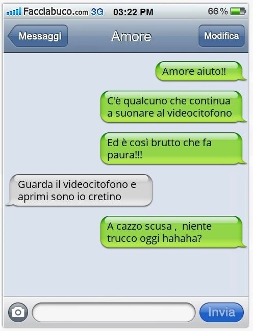 Amore aiuto! C'è qualcuno che continua a suonare al videocitofono Ed è così brutto che fa paura! Guarda il videocitofono e aprimi sono io cretino A cazzo scusa, niente trucco oggi hahaha?