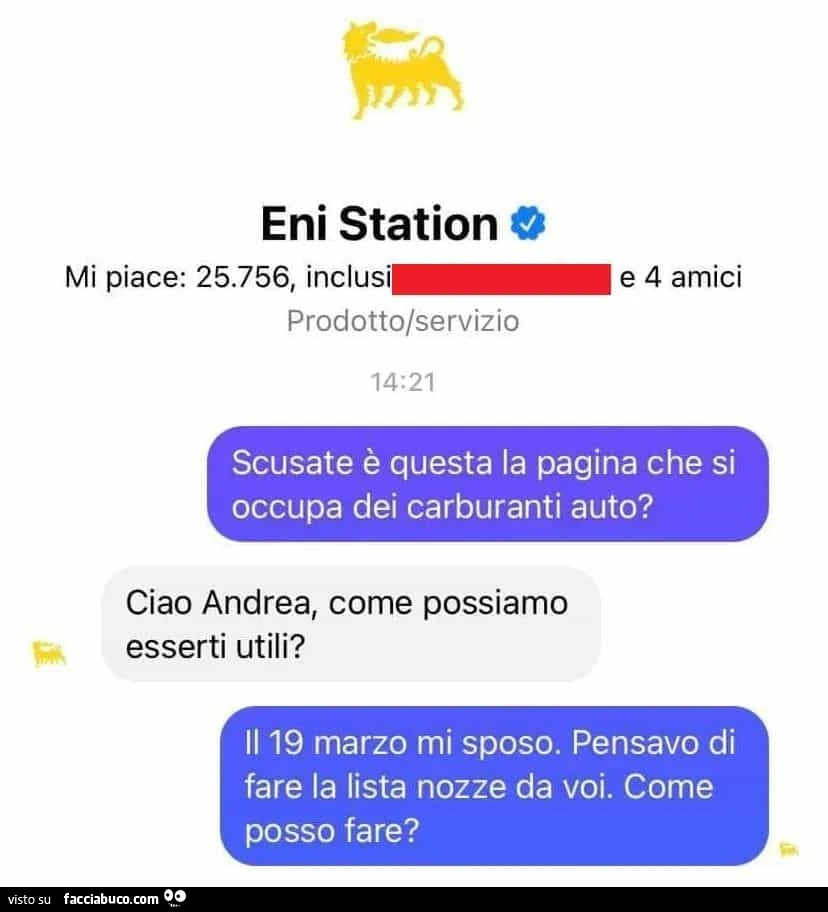 Scusate è questa la pagina che si occupa dei carburanti auto? Ciao andrea, come possiamo esserti utili? Il 19 marzo mi sposo. Pensavo di fare la lista nozze da voi. Come posso fare?