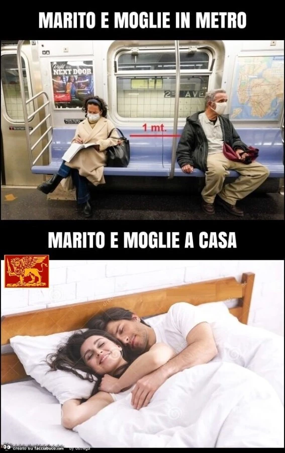 Marito e moglie distanti in metro per covid e a letto insieme a casa