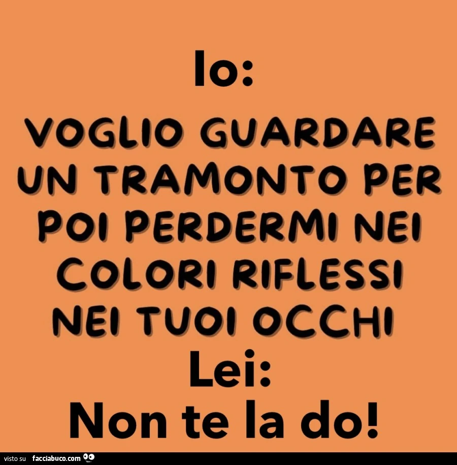 Io: Voglio guardare un tramonto per poi perdermi nei colori riflessi nei tuoi occhi. Lei: non te la do