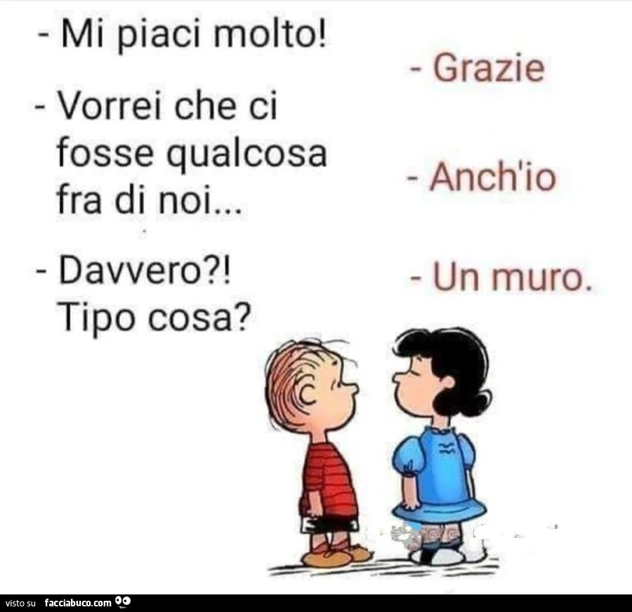 Mi piaci molto! vorrei che ci fosse qualcosa fra di noi&hellip; davvero?! tipo cosa? un muro