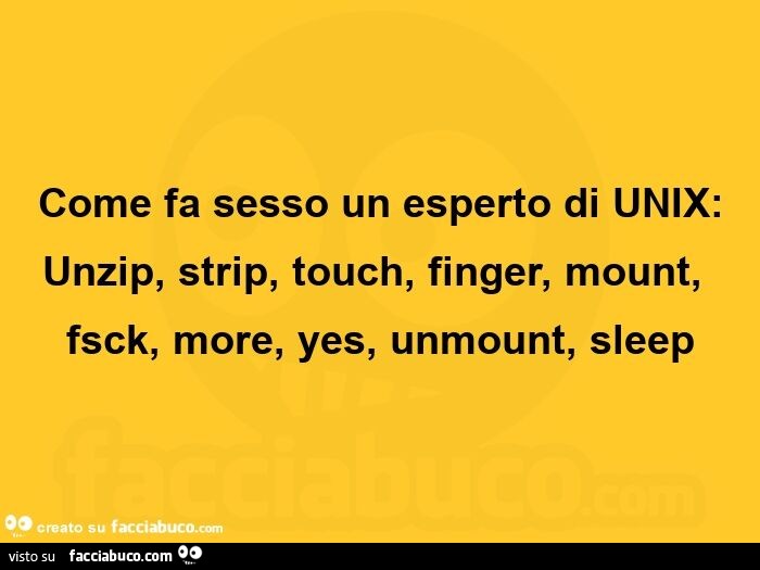 Come fa sesso un esperto di unix: unzip, strip, touch, finger, mount, fsck, more, yes, unmount, sleep