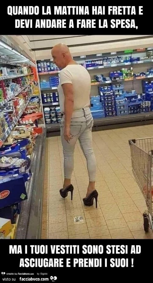 Quando la mattina hai fretta e devi andare a fare la spesa, ma i tuoi vestiti sono stesi ad asciugare e prendi i suoi