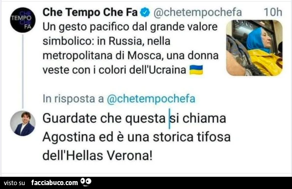 Un gesto pacifico dal grande valore simbolico: in russia, nella metropolitana di mosca, una donna veste con i colori dell'ucraina. Guardate che questa bi chiama Agostina ed è una storica tifosa dell'hellas verona