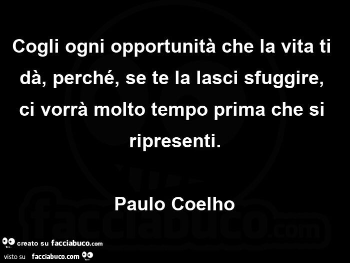 Cogli ogni opportunità che la vita ti dà, perché, se te la lasci sfuggire, ci vorrà molto tempo prima che si ripresenti. Paulo Coelho
