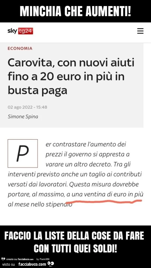 Carovita, con nuovi aiuti fino a 20 euro in più in busta paga. Minchia che aumenti! Faccio la liste della cose da fare con tutti quei soldi