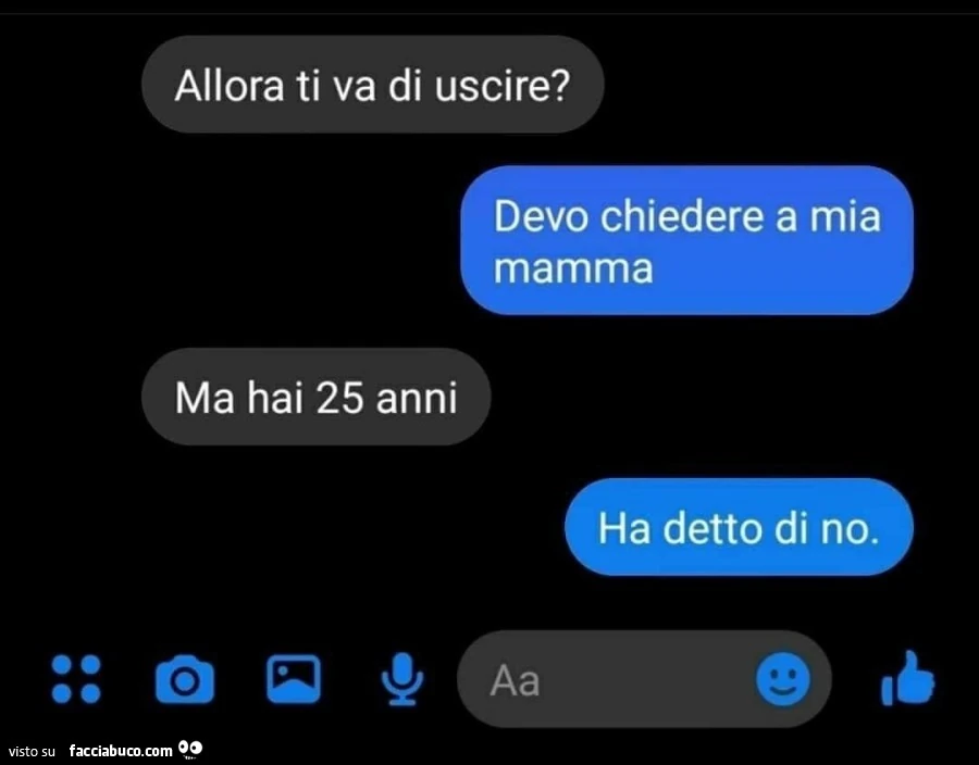 Allora ti va di uscire? Devo chiedere a mia mamma. Ma hai 25 anni. Ha detto di no