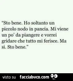 Sto bene. ho soltanto un piccolo nodo in pancia. mi viene un po' da piangere e gridare che tutto mi ferisce. ma si. sto bene