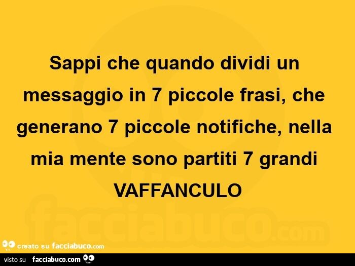 Sappi che quando dividi un messaggio in 7 piccole frasi, che generano 7 piccole notifiche, nella mia mente sono partiti 7 grandi vaffanculo