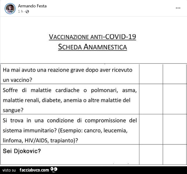 Vaccinazione anti-covid-19 scheda anamnestica. Sei djokovic?