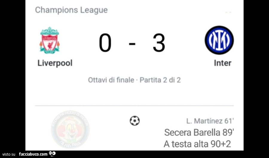 Liverpool Inter 0 a 3. Goal di secera Barella e A testa alta