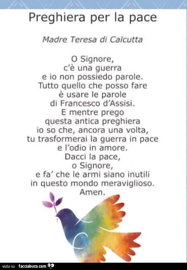 Preghiera Per La Pace Madre Teresa Preghiera per la pace madre teresa di calcutta - Facciabuco.com