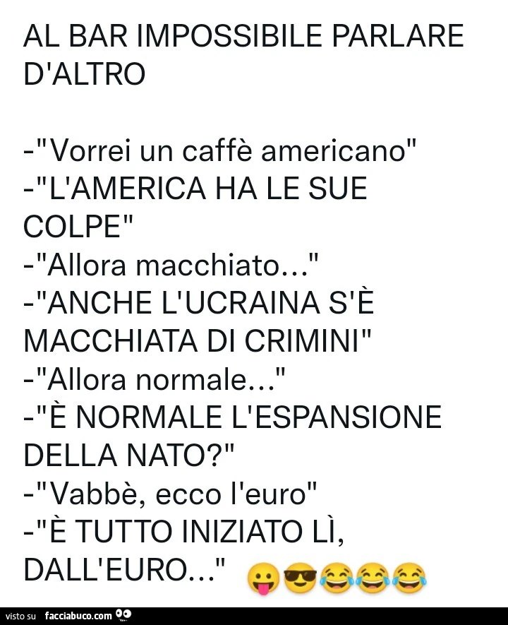 Al bar impossibile parlare d'altro. Vorrei un caffè americano. L'America… -  Facciabuco.com