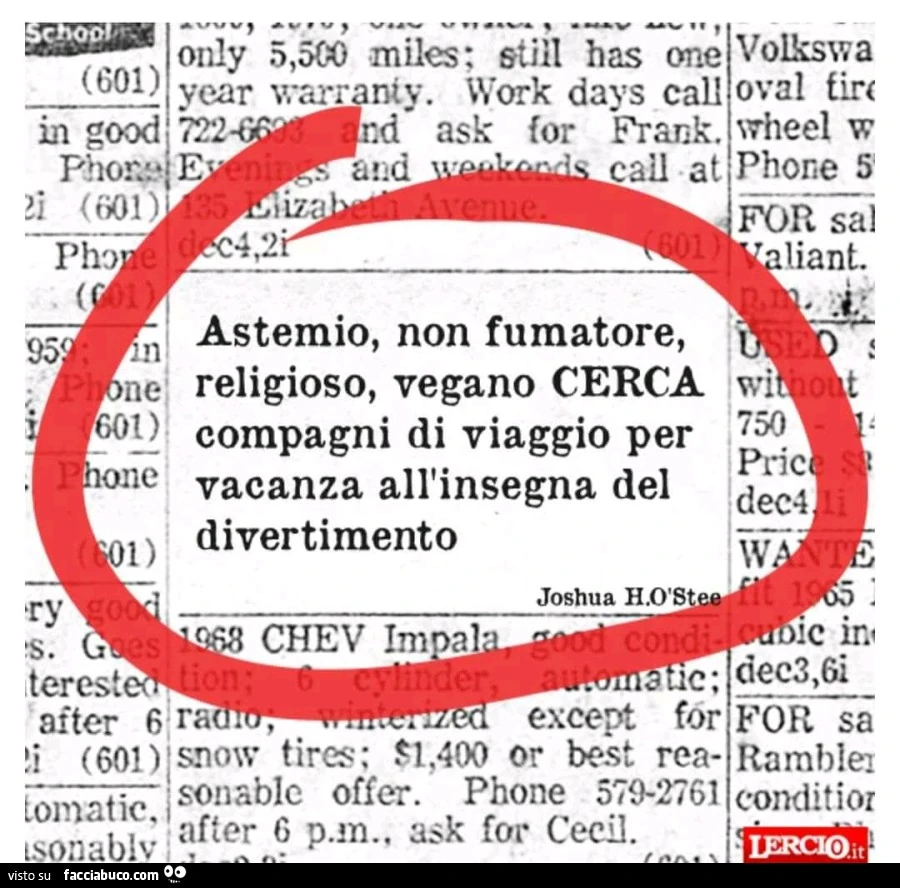 Astemio, non fumatore, religioso, vegano cerca compagni di viaggio per vacanza all'insegna del divertimento