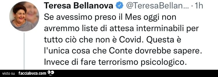 Teresa Bellanova: se avessimo preso il mes oggi non avremmo liste di attesa interminabili per tutto ciรฒ che non รจ covid. Questa รจ l'unica cosa che conte dovrebbe sapere. Invece di fare terrorismo psicologico