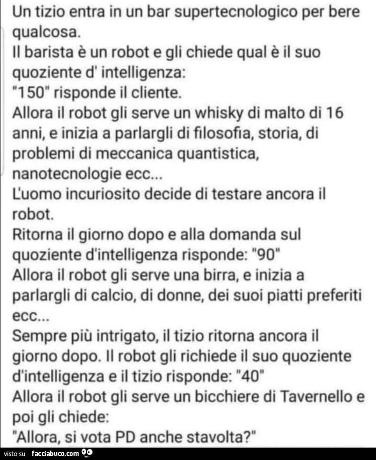 Un tizio entra in un bar supertecnologico per bere qualcosa. Il barista è un robot e gli chiede qual è il suo quoziente d'intelligenza