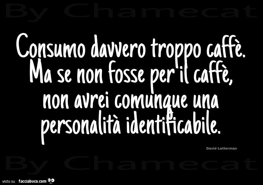 Consumo davvero troppo caffè. Ma se non fosse per il caffè non avrei comunque una personalità identificabile. David Letterman